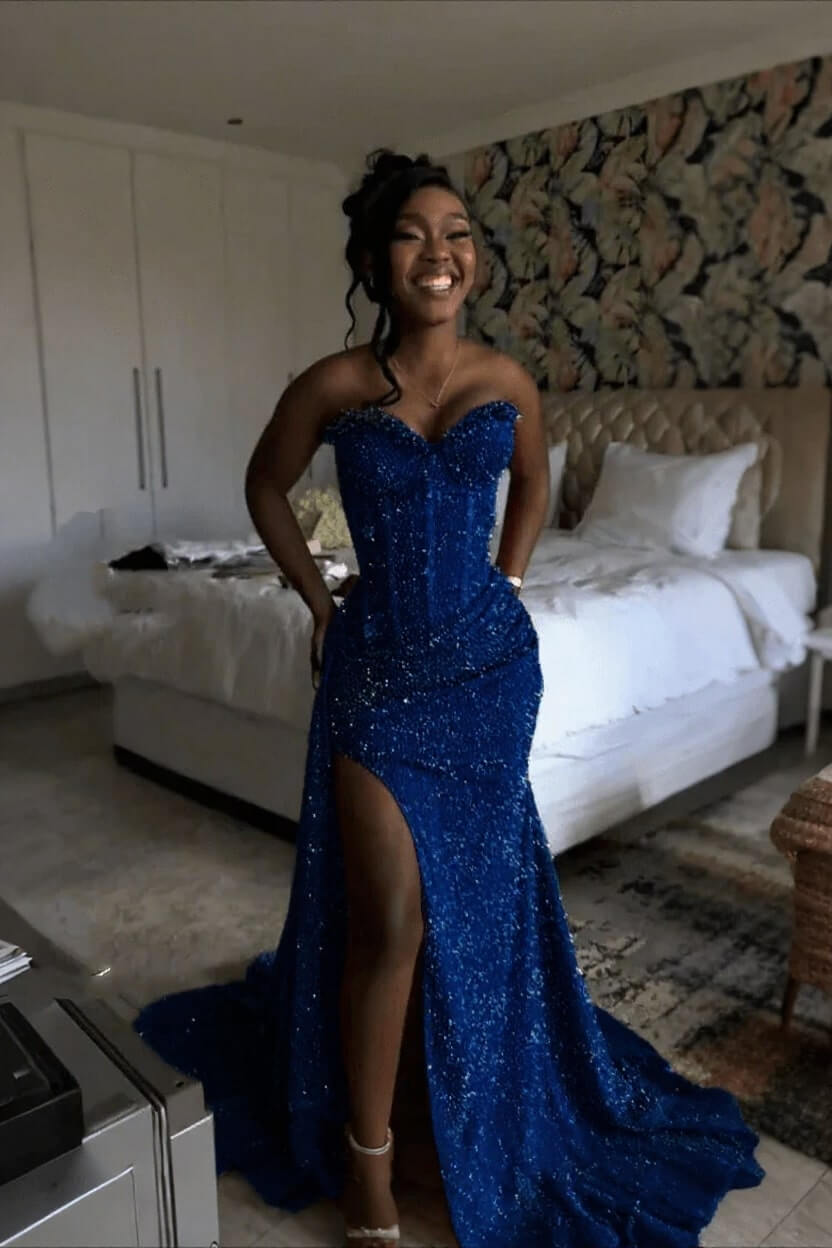 Orange Mermaid Prom Dress Sleeveless Sweetheart Sequined Evening Dress