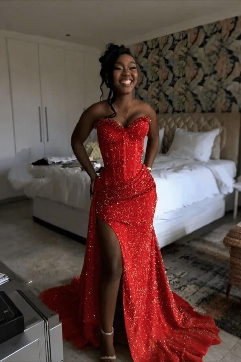 Orange Mermaid Prom Dress Sleeveless Sweetheart Sequined Evening Dress