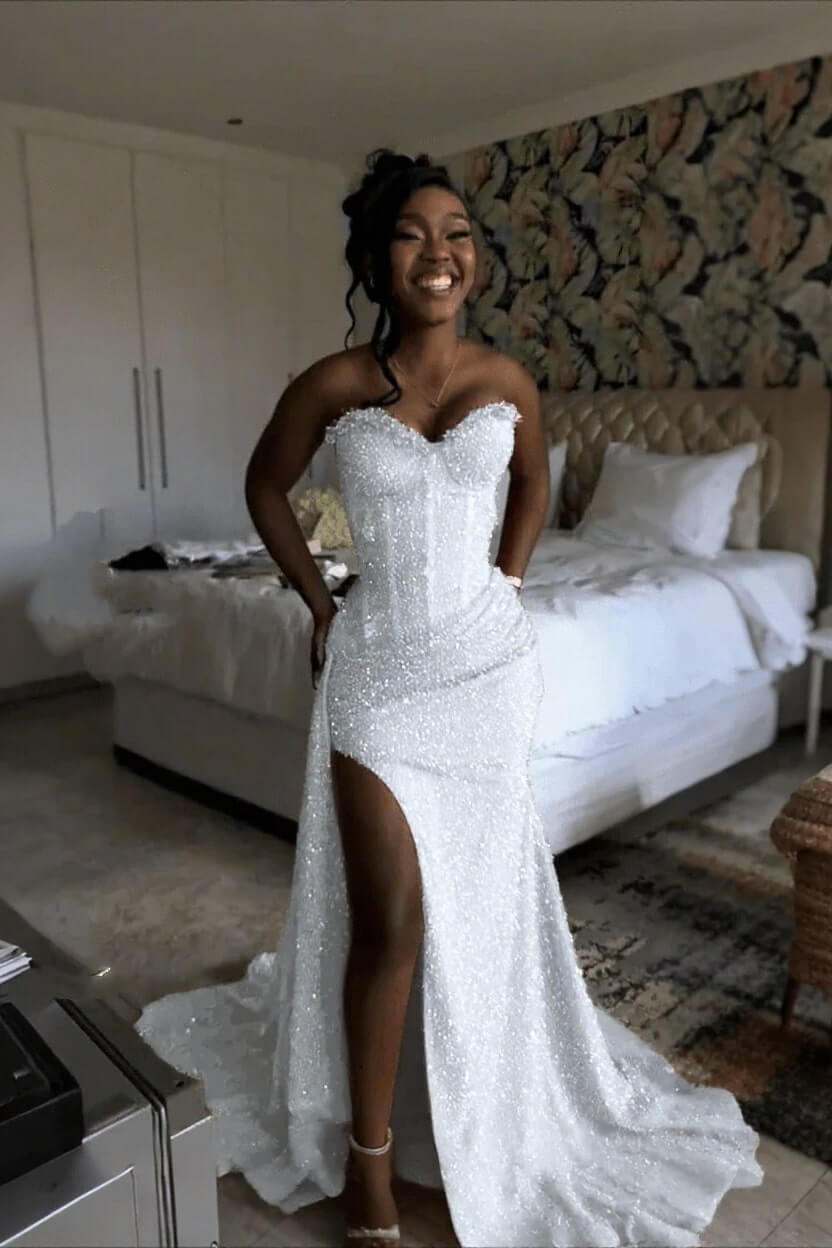 Orange Mermaid Prom Dress Sleeveless Sweetheart Sequined Evening Dress