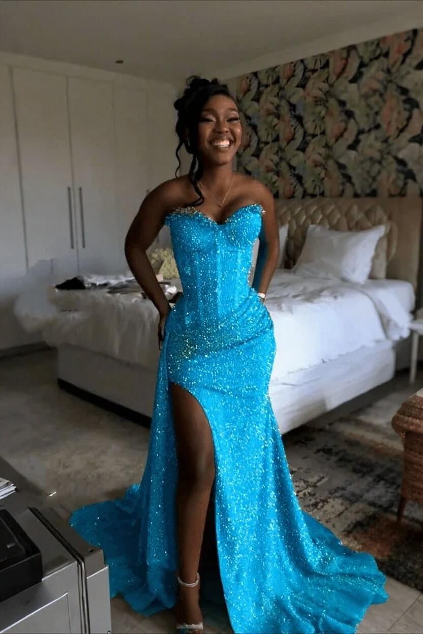 Orange Mermaid Prom Dress Sleeveless Sweetheart Sequined Evening Dress