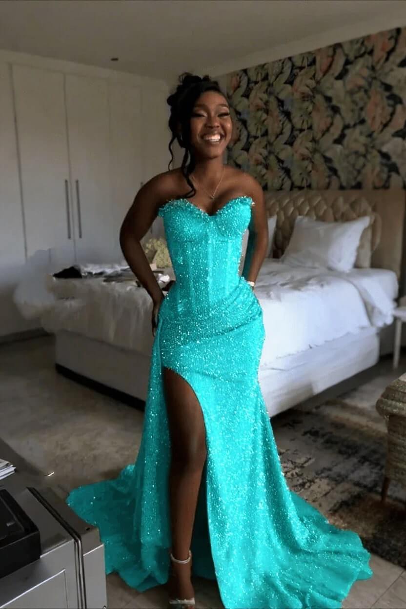 Orange Mermaid Prom Dress Sleeveless Sweetheart Sequined Evening Dress