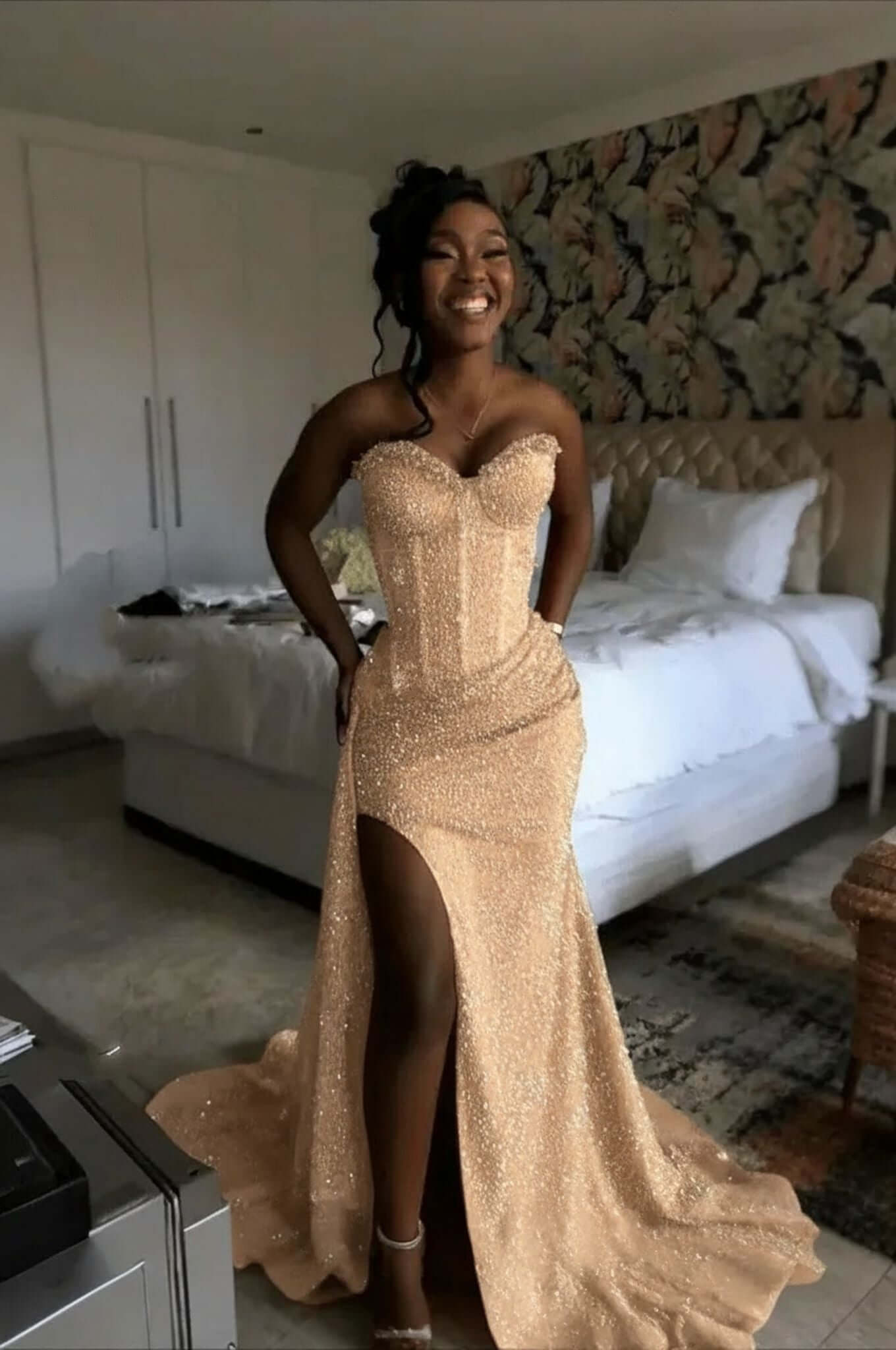 Orange Mermaid Prom Dress Sleeveless Sweetheart Sequined Evening Dress