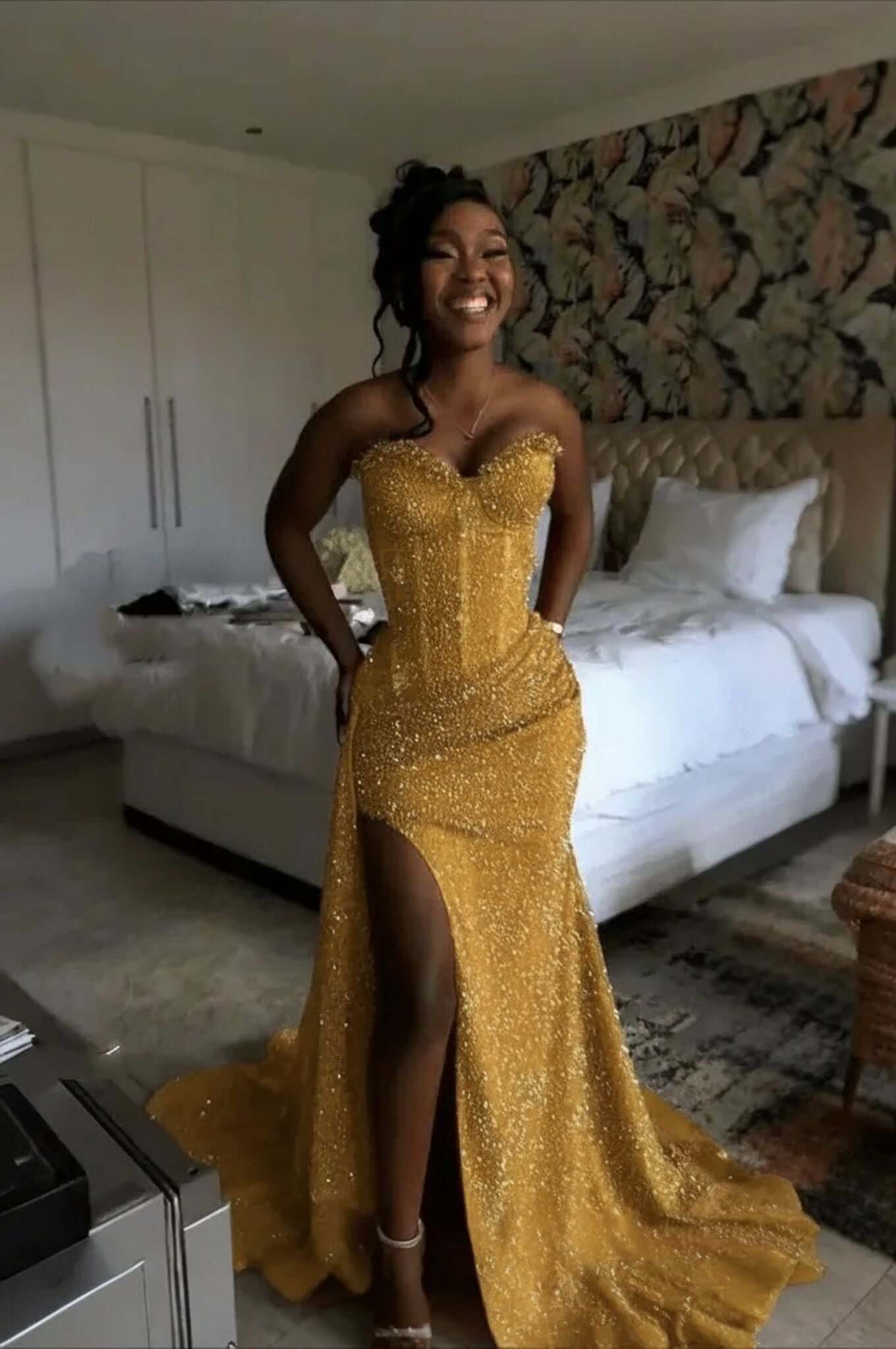 Orange Mermaid Prom Dress Sleeveless Sweetheart Sequined Evening Dress