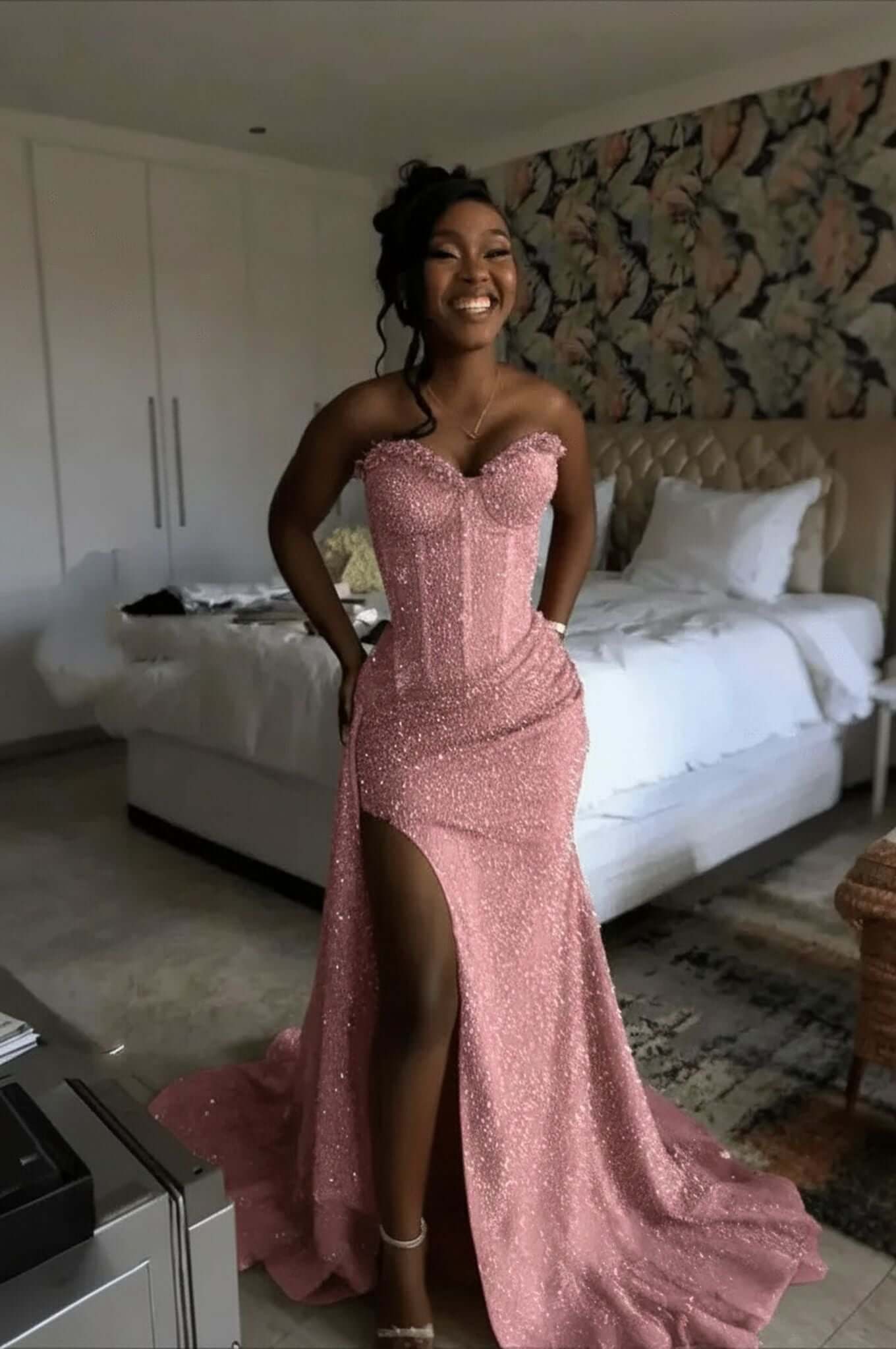 Orange Mermaid Prom Dress Sleeveless Sweetheart Sequined Evening Dress
