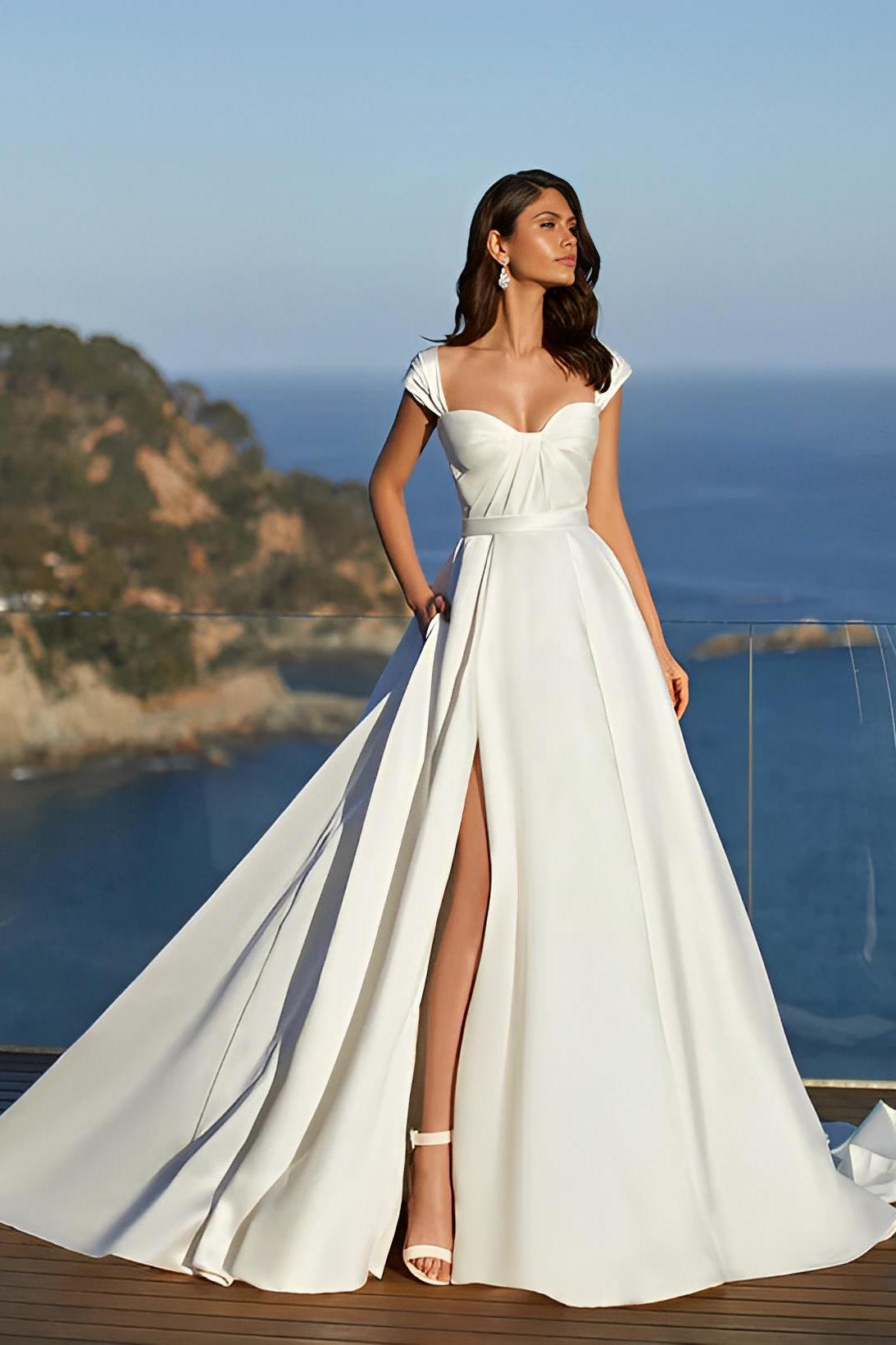 Sweetheart Sleeveless Satin Beach Wedding Dress With Split Front