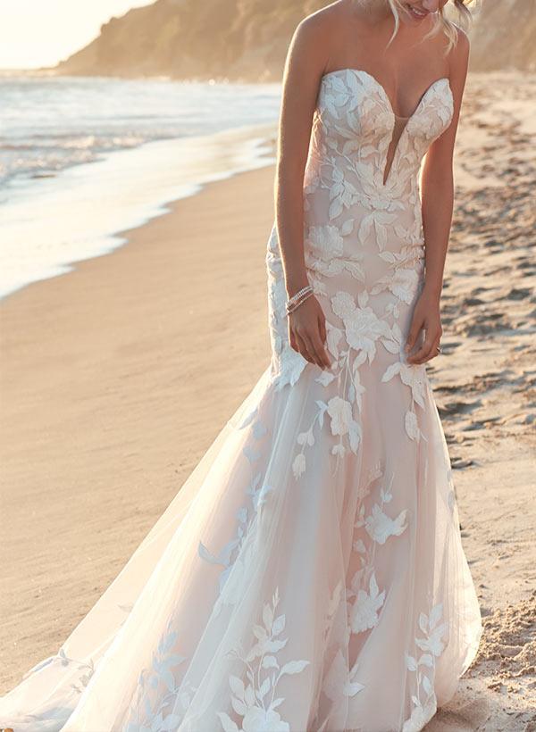 Sweetheart Sleeveless Sweep Train Lace Mermaid Beach Wedding Dresses