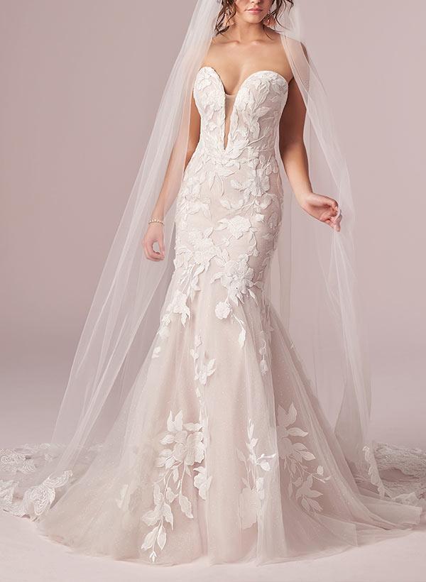 Sweetheart Sleeveless Sweep Train Lace Mermaid Beach Wedding Dresses
