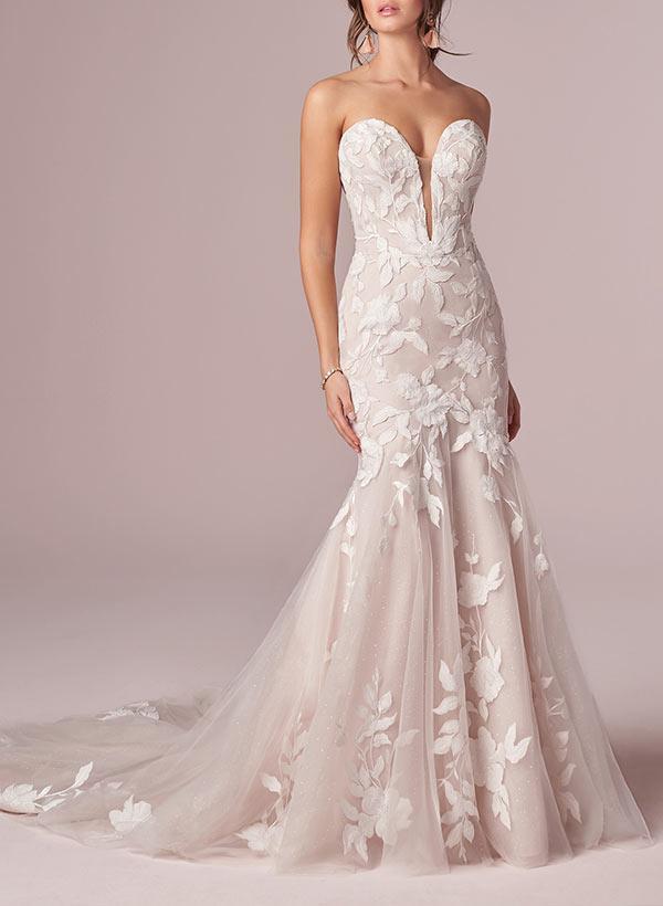 Sweetheart Sleeveless Sweep Train Lace Mermaid Beach Wedding Dresses