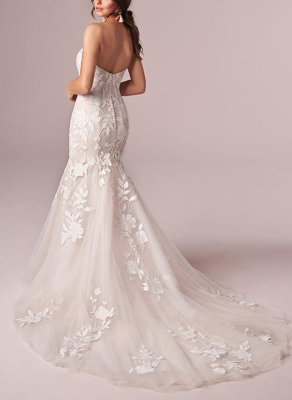 Sweetheart Sleeveless Sweep Train Lace Mermaid Beach Wedding Dresses