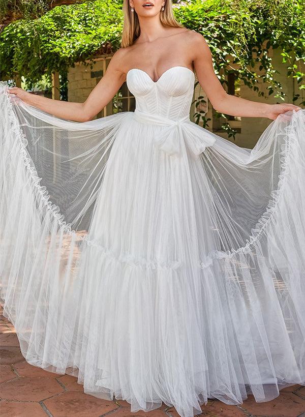 Sweetheart Sleeveless Sweep Train Tulle Wedding Dresses