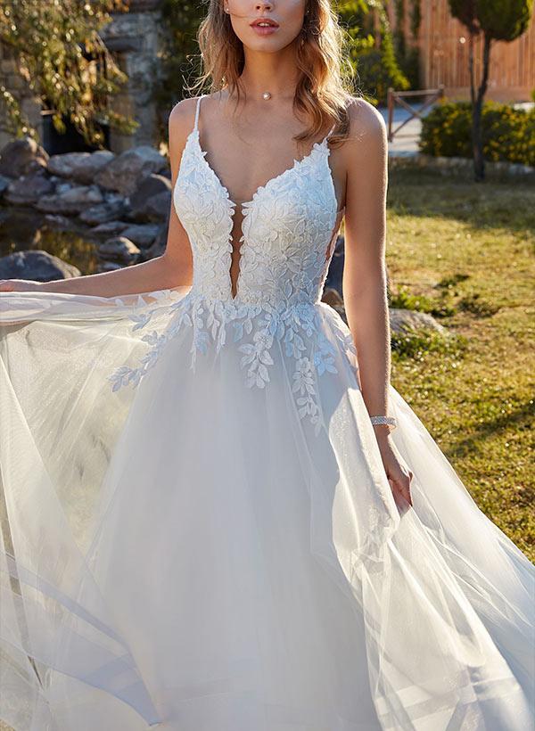 Sweetheart Sleeveless Sweep Train Tulle Wedding Dresses With Lace