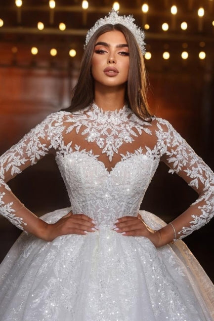 Sweetheart Wedding Dress Lace Ball Gown Long Sleeves High Neck Beaded Tulle Bridal Gown With Appliques
