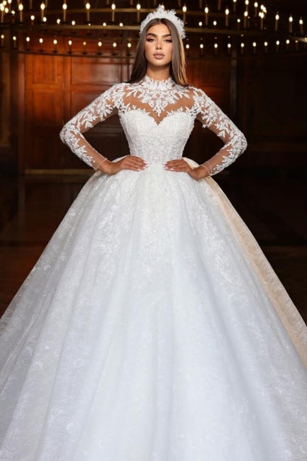 Sweetheart Wedding Dress Lace Ball Gown Sleeves High Neck Beaded Tulle Bridal Gown With Appliques
