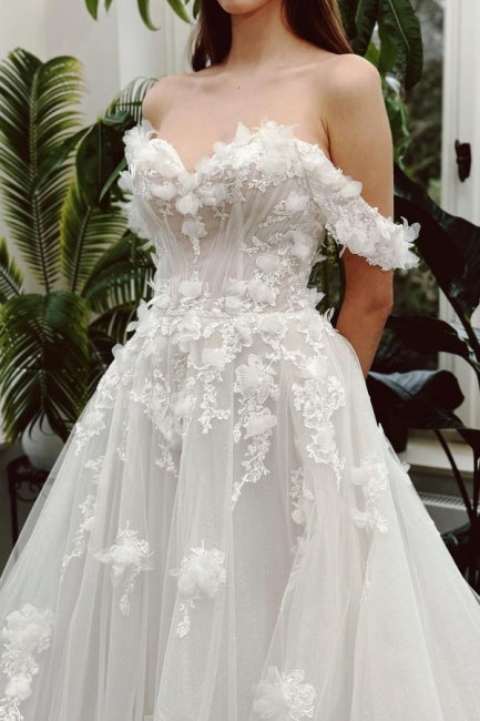 Sweetheart Wedding Dress Long Ivory A Line Off The Shoulder Lace Sleeveless Bridal Gown