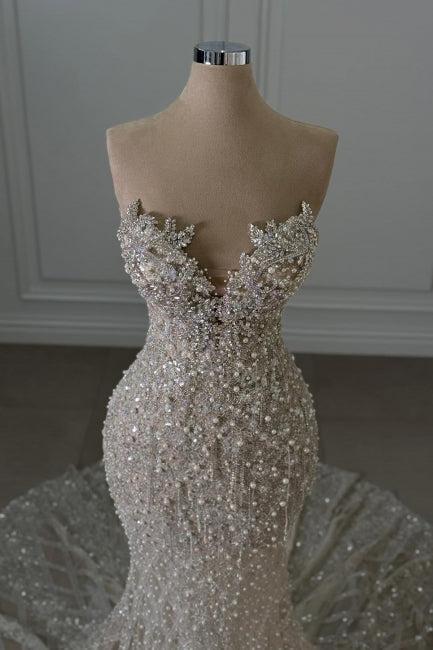 Sweetheart Wedding Dress Mermaid Sleeveless Beaded Lace Bridal Gown