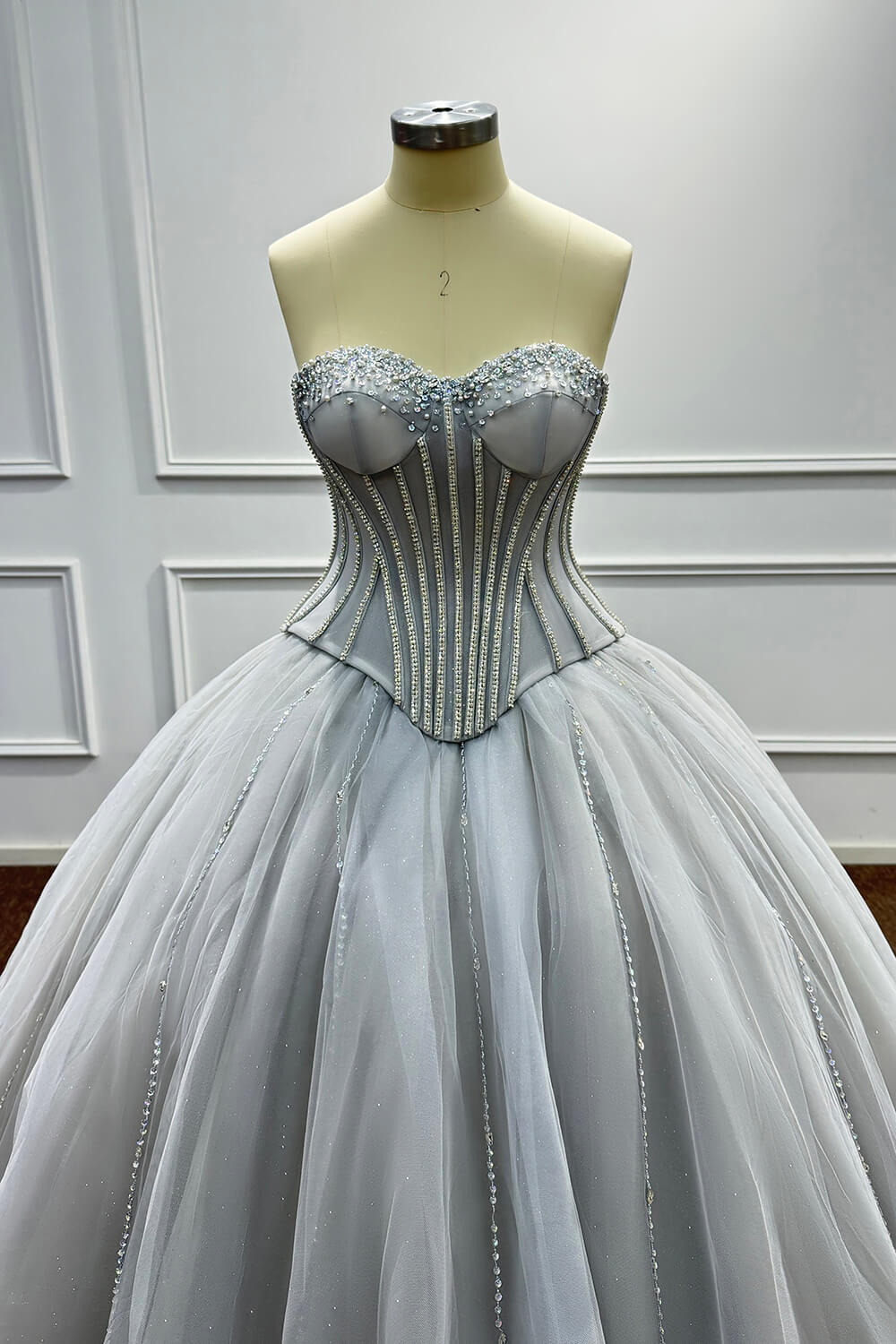 Sweetheart Corset Evening Dress A Line Grey Tulle Prom Dress with Beadings and Rhinestones