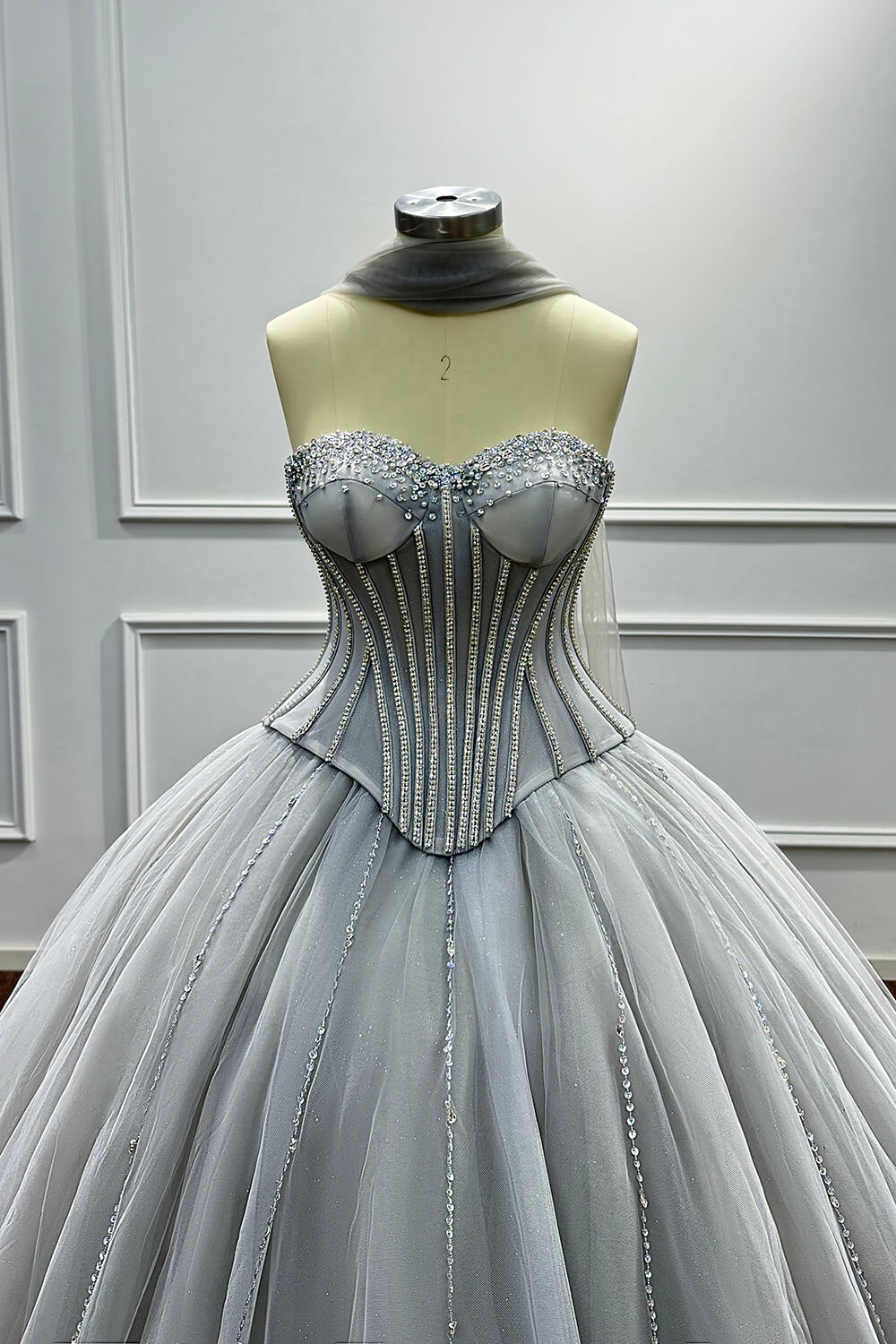 Sweetheart Corset Evening Dress A Line Grey Tulle Prom Dress with Beadings and Rhinestones