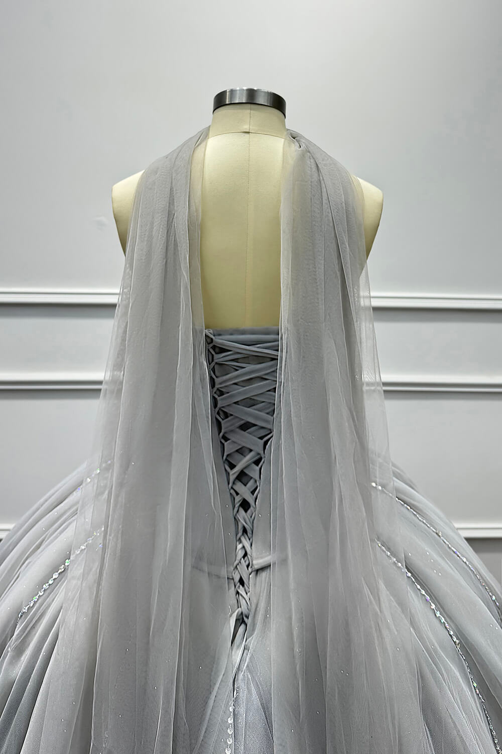 Sweetheart Corset Evening Dress A Line Grey Tulle Prom Dress with Beadings and Rhinestones