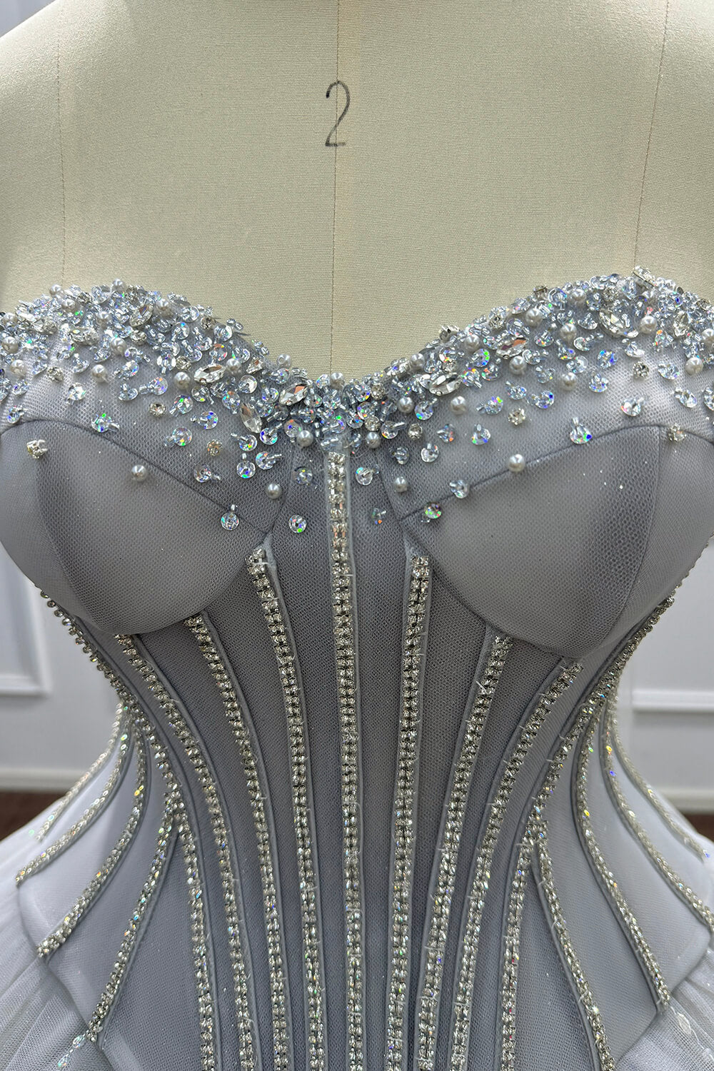 Sweetheart Corset Evening Dress A Line Grey Tulle Prom Dress with Beadings and Rhinestones
