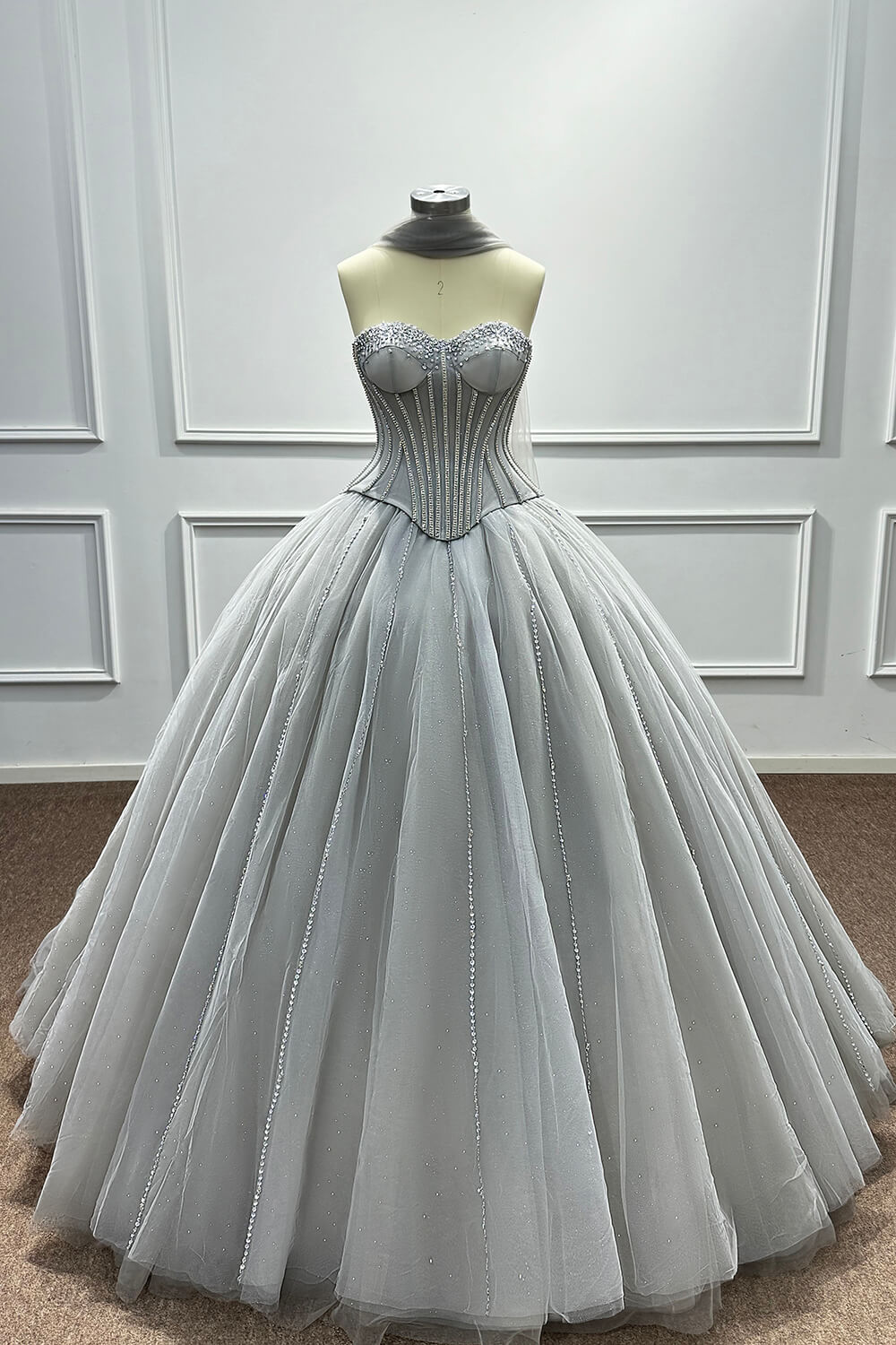 Sweetheart Corset Evening Dress A Line Grey Tulle Prom Dress with Beadings and Rhinestones