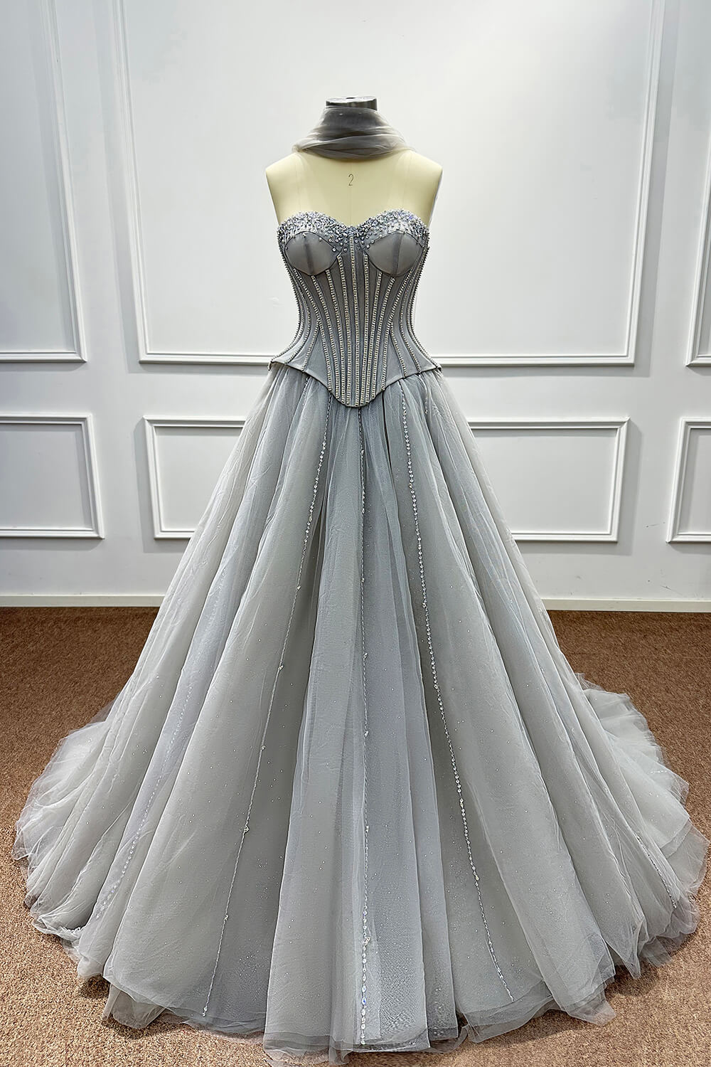 Sweetheart Corset Evening Dress A Line Grey Tulle Prom Dress with Beadings and Rhinestones