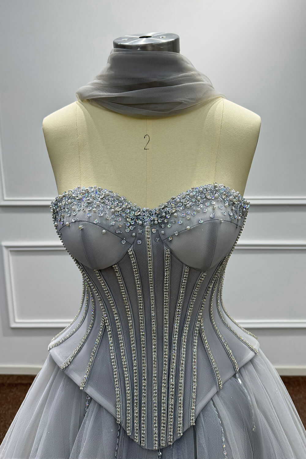 Sweetheart Corset Evening Dress A Line Grey Tulle Prom Dress with Beadings and Rhinestones