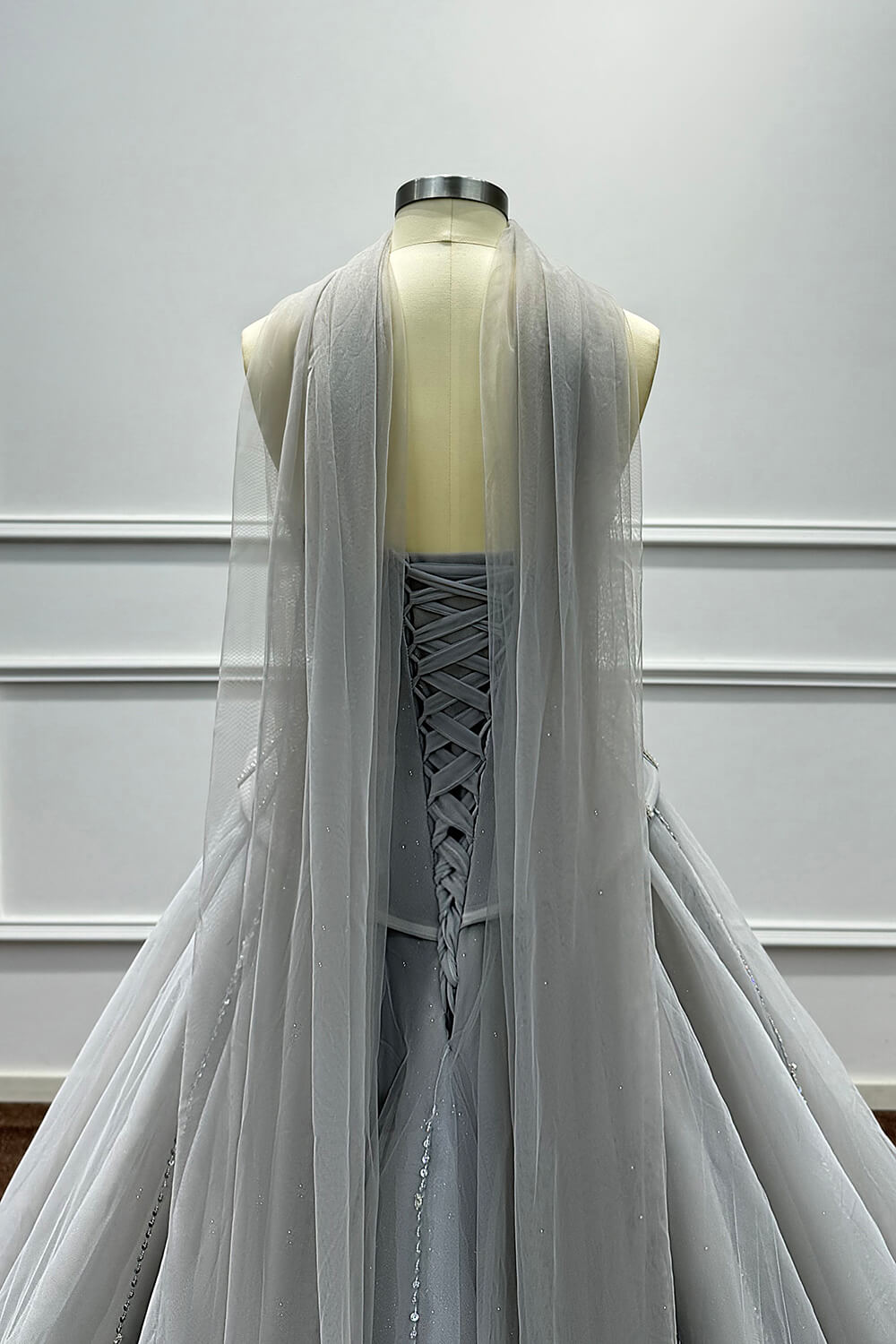 Sweetheart Corset Evening Dress A Line Grey Tulle Prom Dress with Beadings and Rhinestones