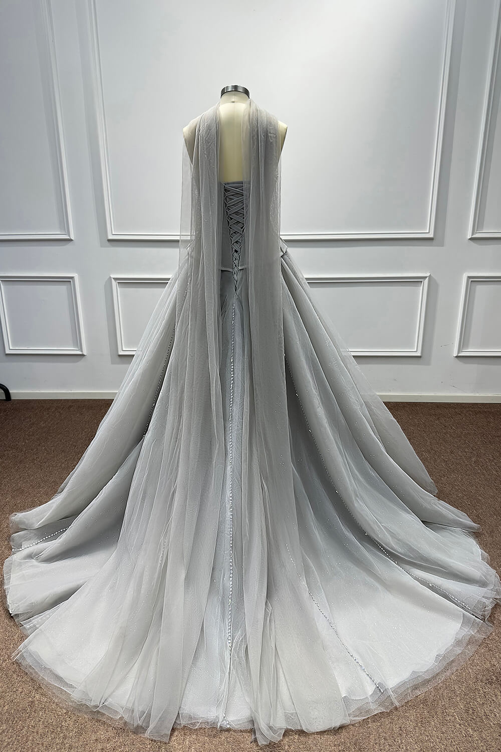 Sweetheart Corset Evening Dress A Line Grey Tulle Prom Dress with Beadings and Rhinestones