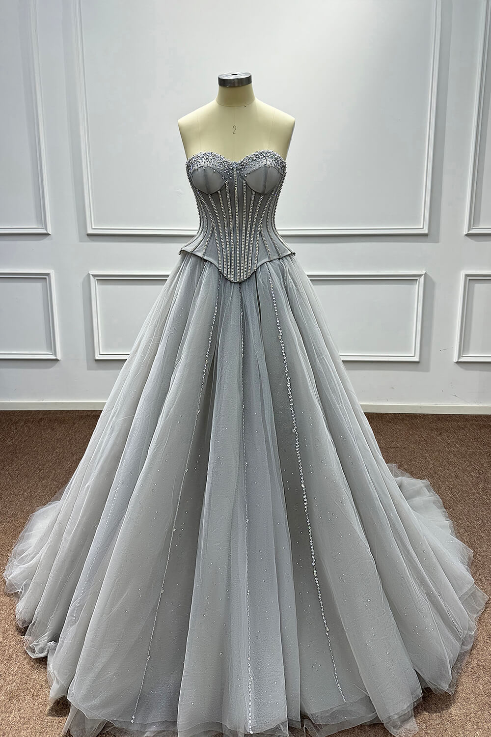 Sweetheart Corset Evening Dress A Line Grey Tulle Prom Dress with Beadings and Rhinestones