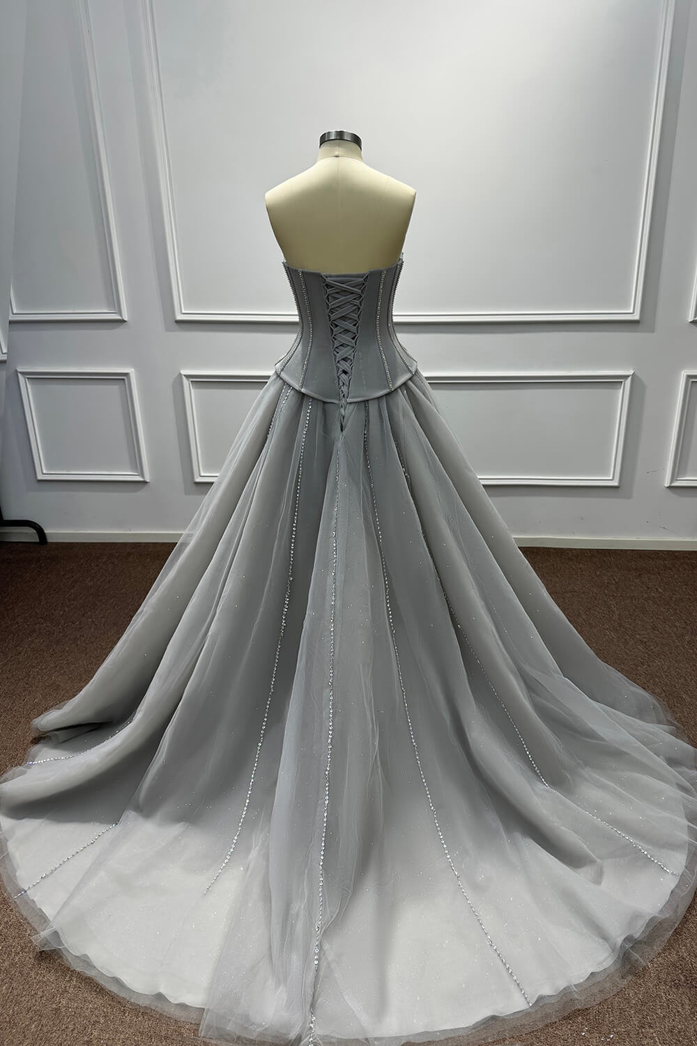 Sweetheart Corset Evening Dress A Line Grey Tulle Prom Dress with Beadings and Rhinestones