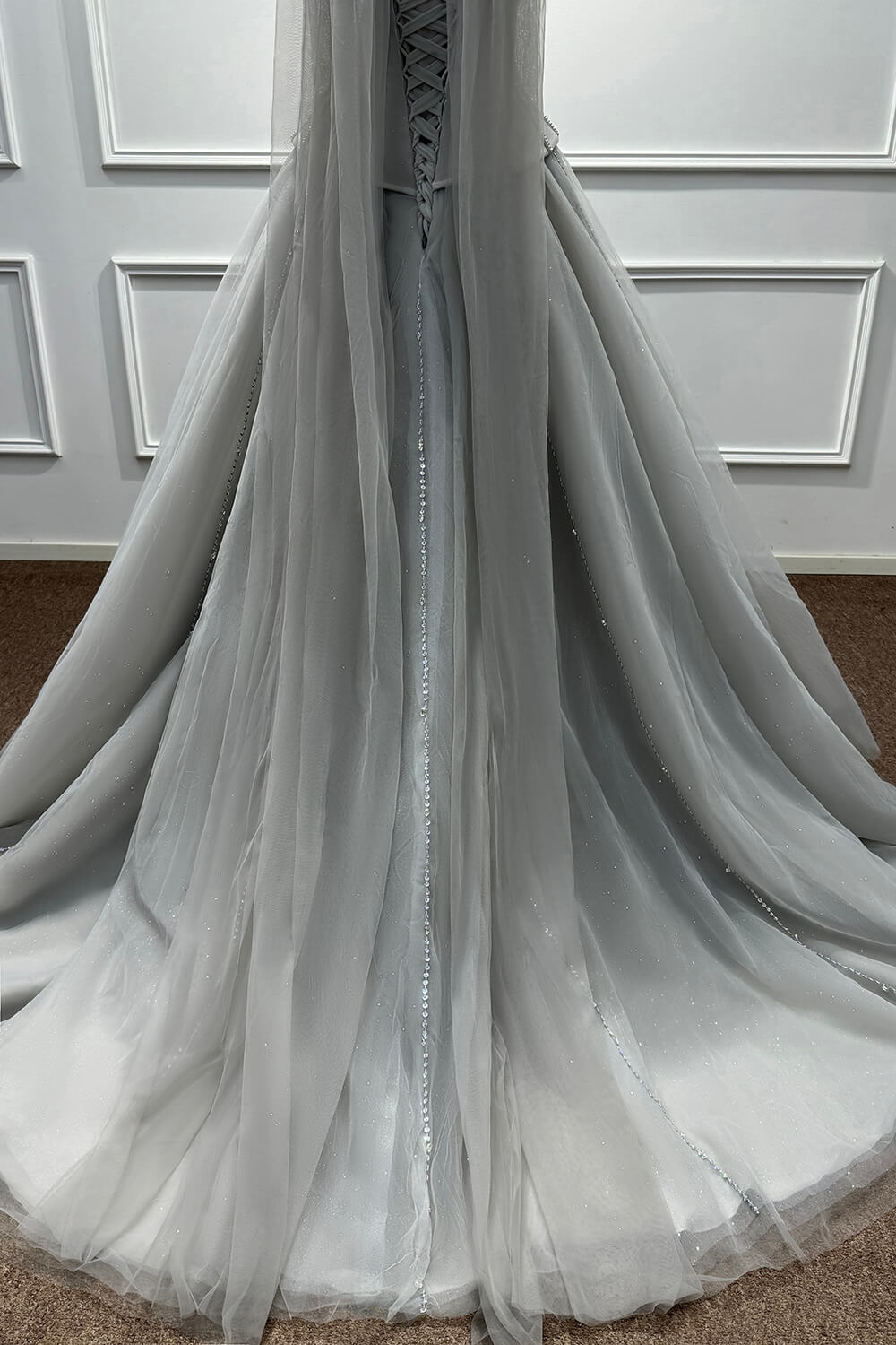 Sweetheart Corset Evening Dress A Line Grey Tulle Prom Dress with Beadings and Rhinestones