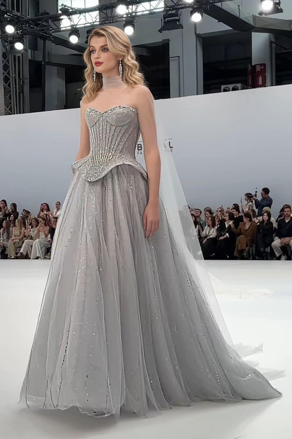 Sweetheart Corset Evening Dress A Line Grey Tulle Prom Dress with Beadings and Rhinestones