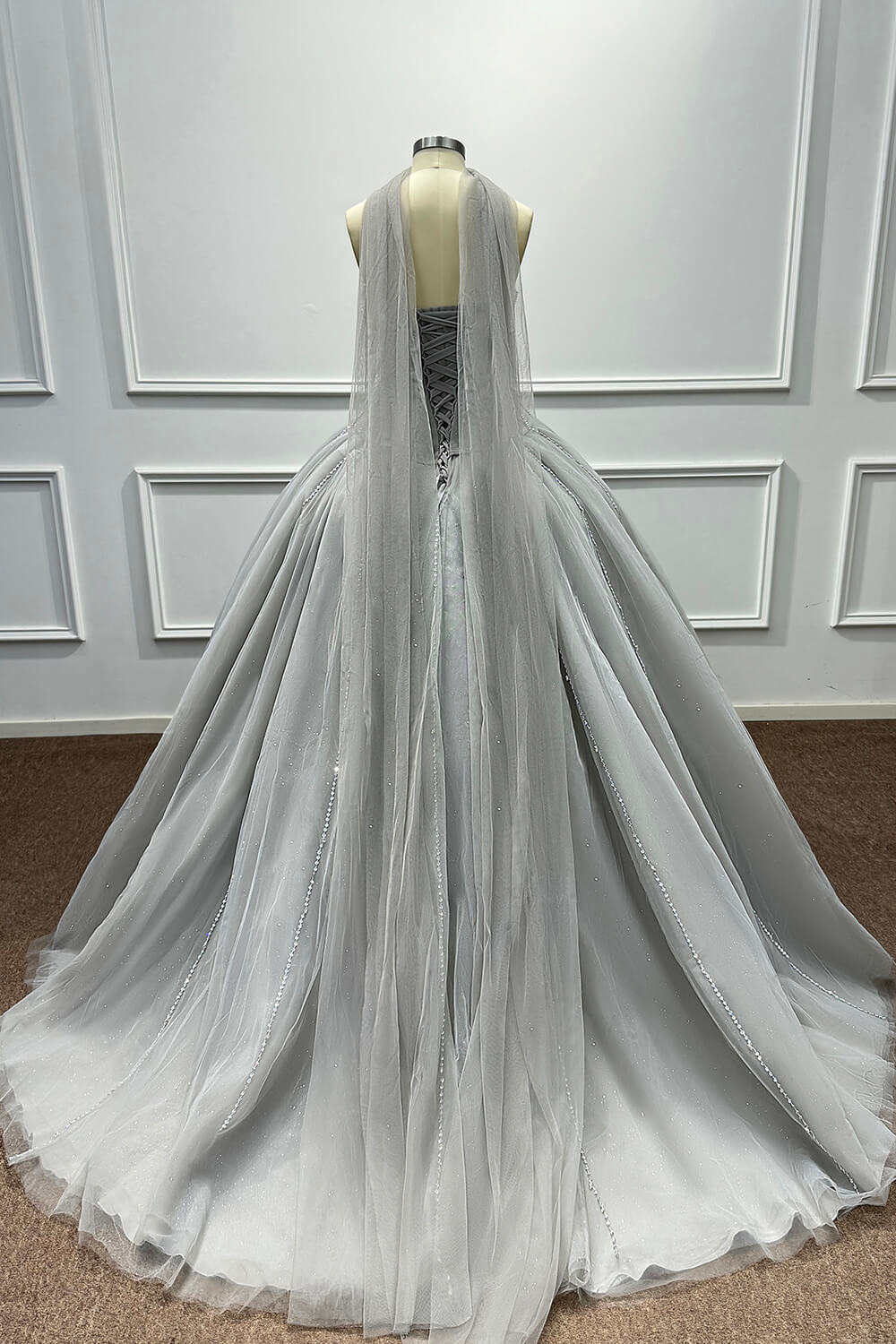 Sweetheart Corset Evening Dress A Line Grey Tulle Prom Dress with Beadings and Rhinestones