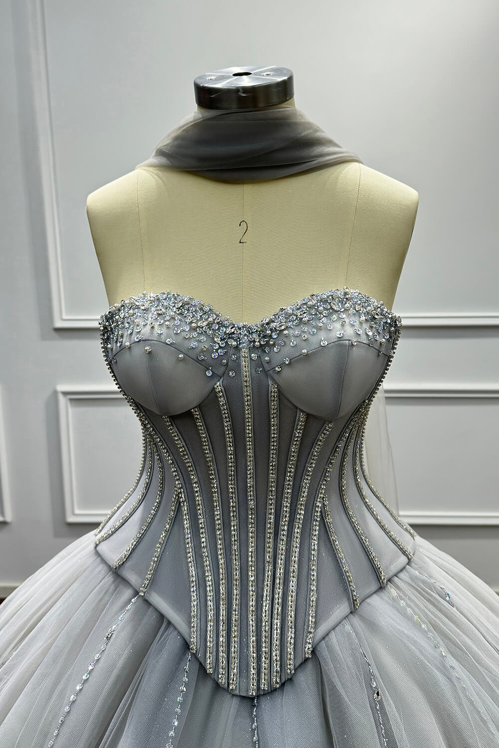 Sweetheart Corset Evening Dress A Line Grey Tulle Prom Dress with Beadings and Rhinestones