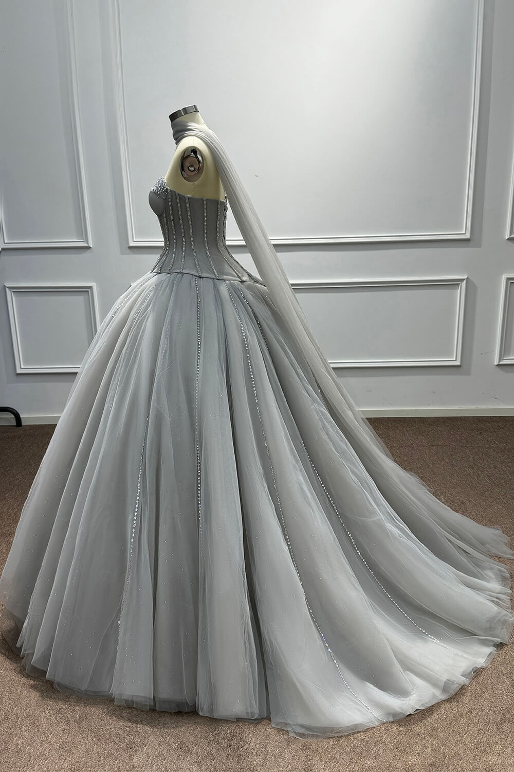 Sweetheart Corset Evening Dress A Line Grey Tulle Prom Dress with Beadings and Rhinestones