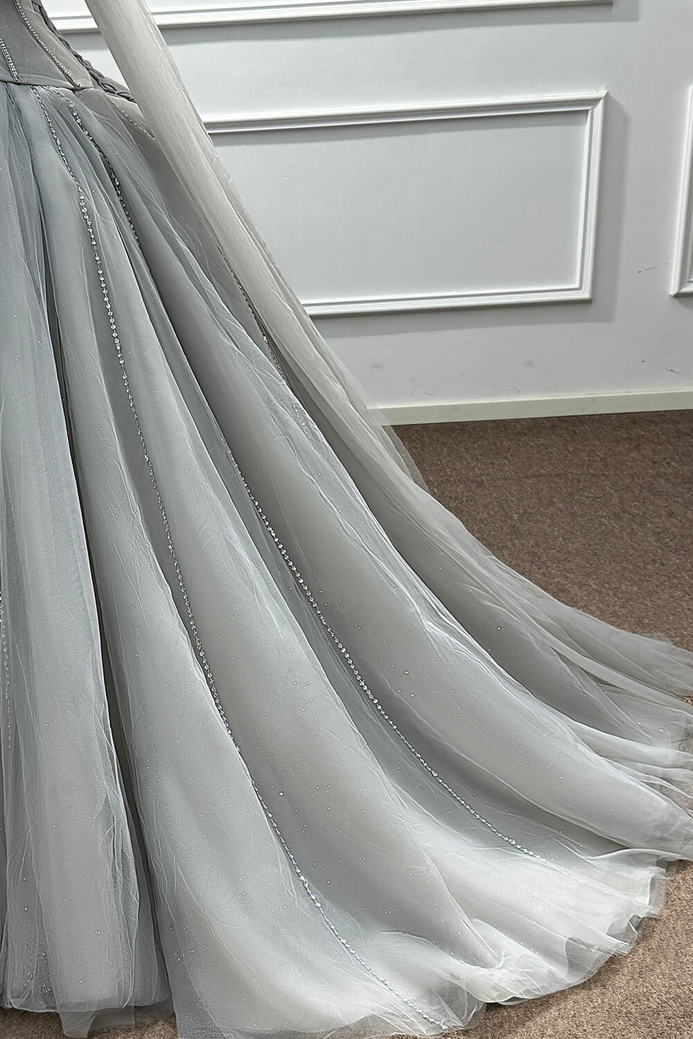 Sweetheart Corset Evening Dress A Line Grey Tulle Prom Dress with Beadings and Rhinestones