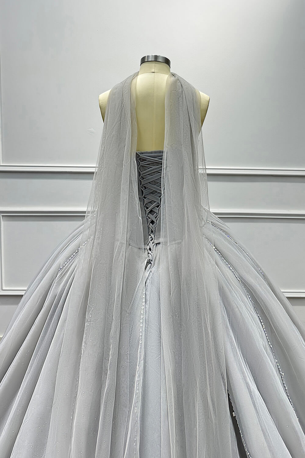 Sweetheart Corset Evening Dress A Line Grey Tulle Prom Dress with Beadings and Rhinestones
