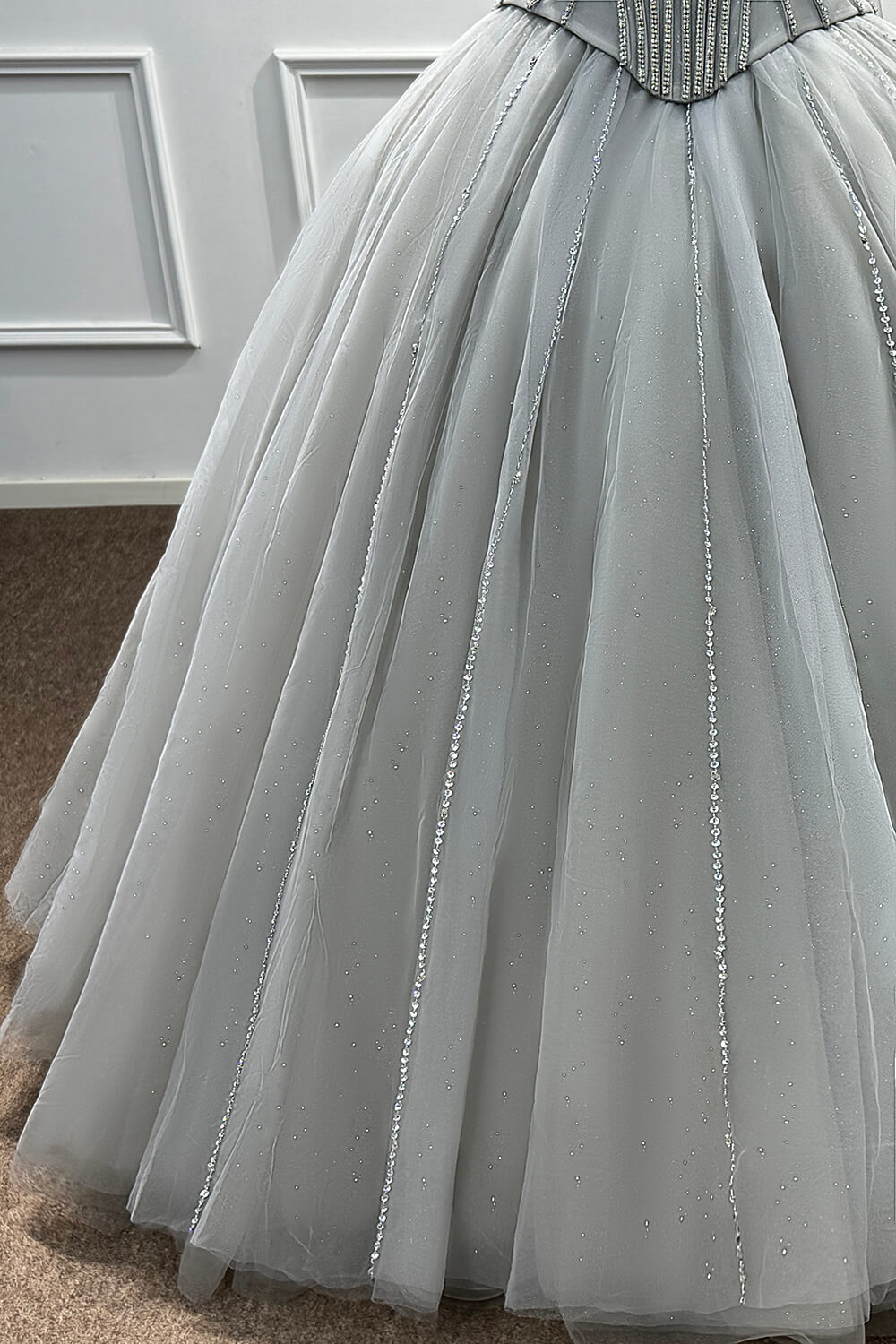 Sweetheart Corset Evening Dress A Line Grey Tulle Prom Dress with Beadings and Rhinestones