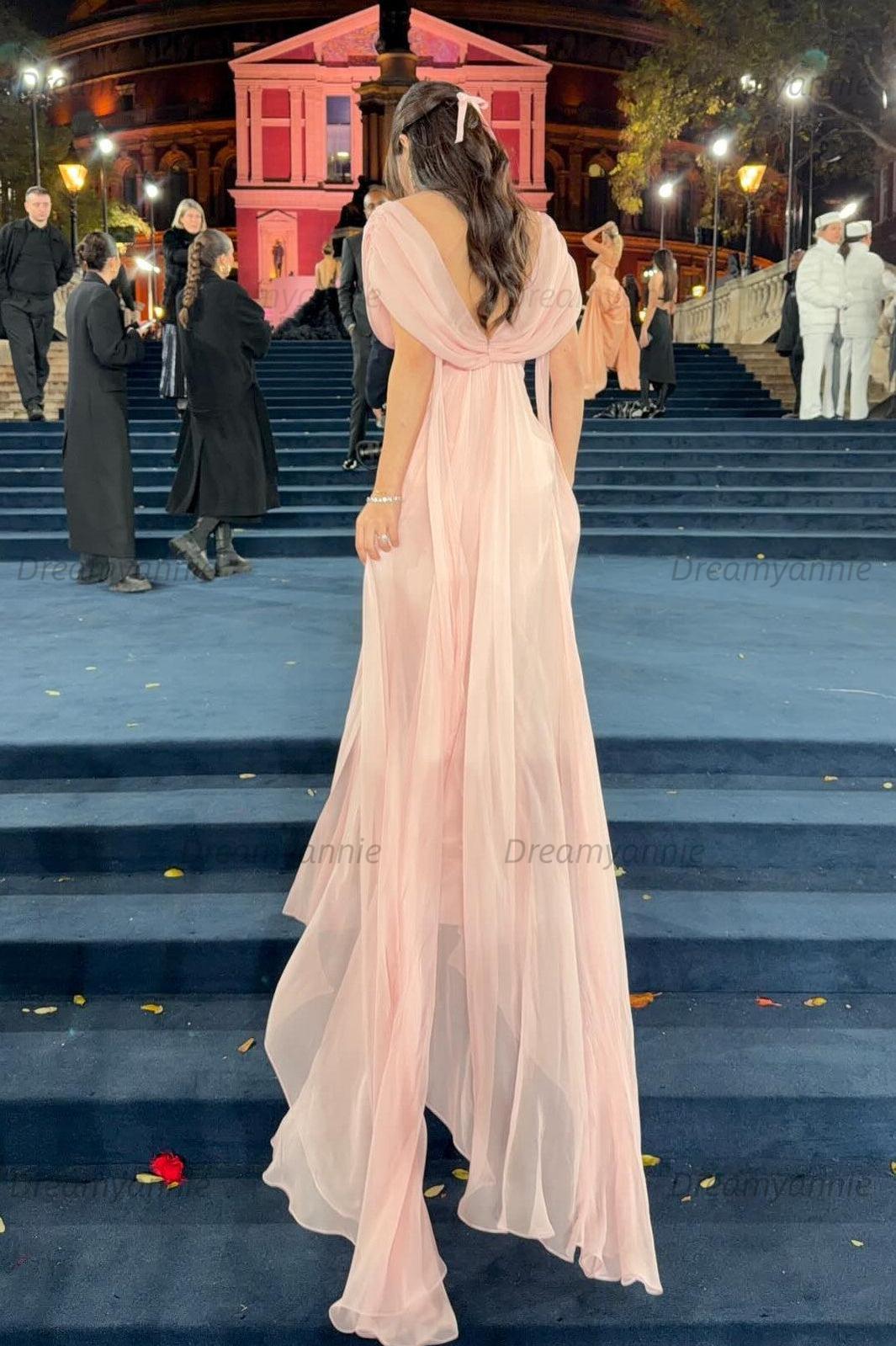 Sweety A Line V Neck Pink Long Prom Dress With Ruffles Formal Evening Gown