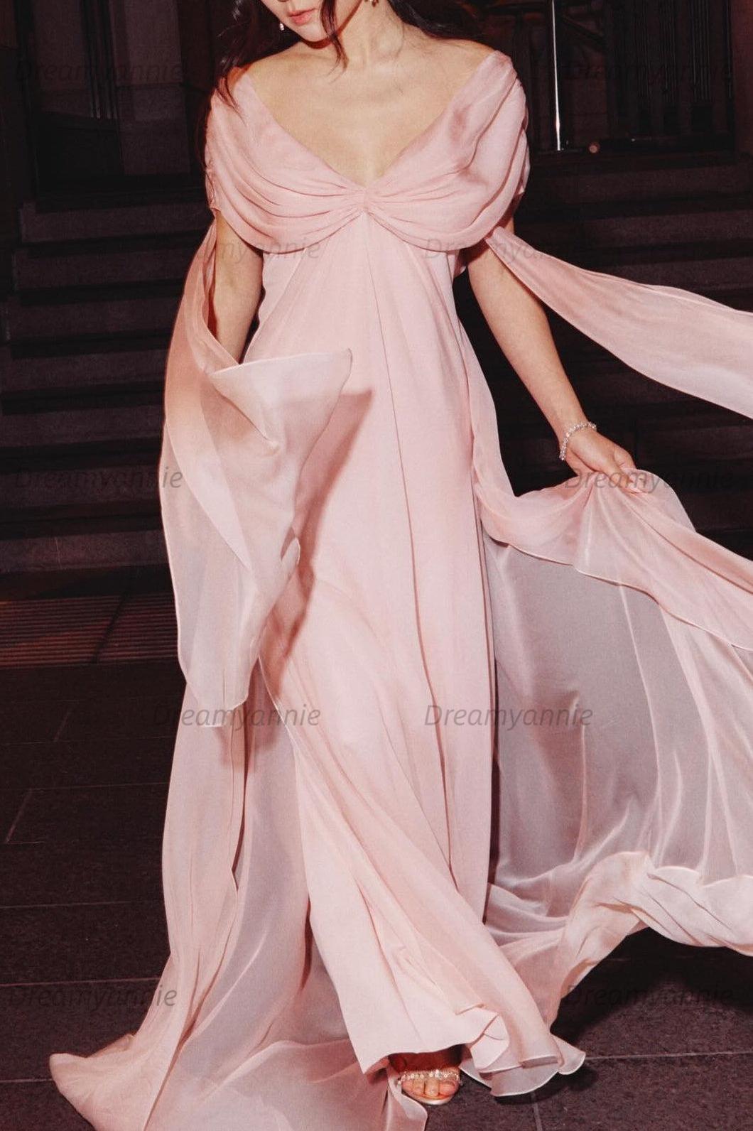 Sweety A Line V Neck Pink Long Prom Dress With Ruffles Formal Evening Gown