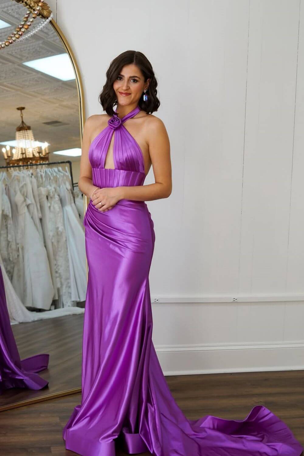 Dreamyannie Sage Prom Dress Satin Cross Halter Mermaid Formal Dress