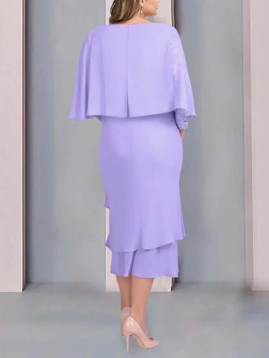 Tea-Length Mother of the Bride Dress with Scoop Neck Short Sleeves and Appliqued Lace