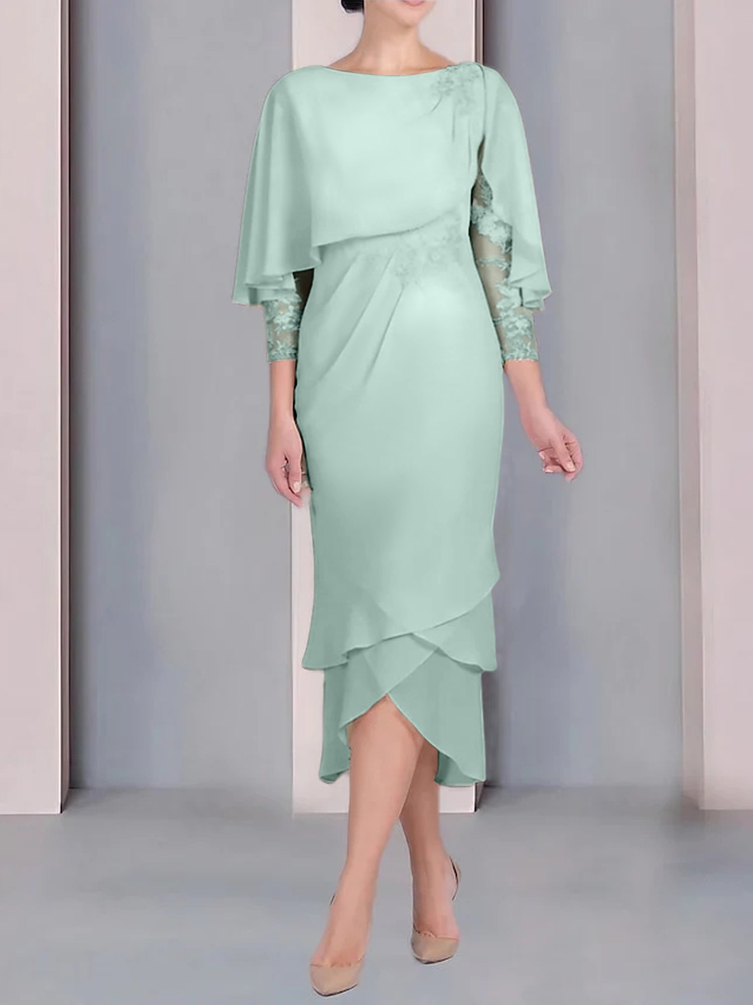 Tea-Length Mother of the Bride Dress with Scoop Neck Short Sleeves and Appliqued Lace