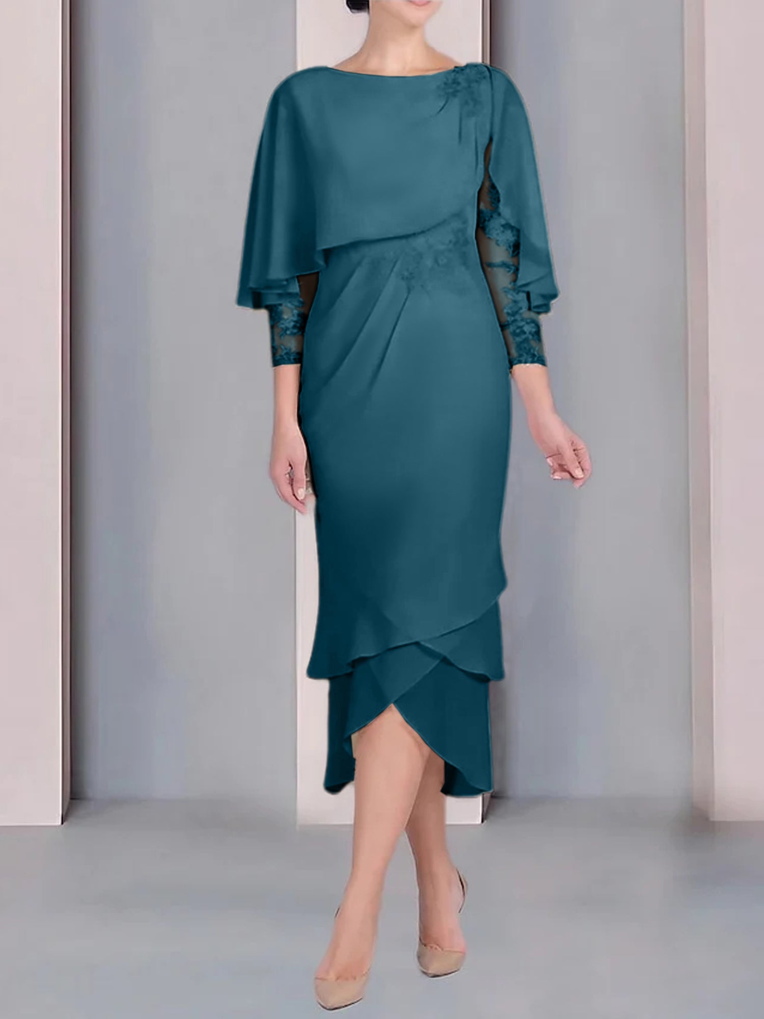 Tea-Length Mother of the Bride Dress with Scoop Neck Short Sleeves and Appliqued Lace