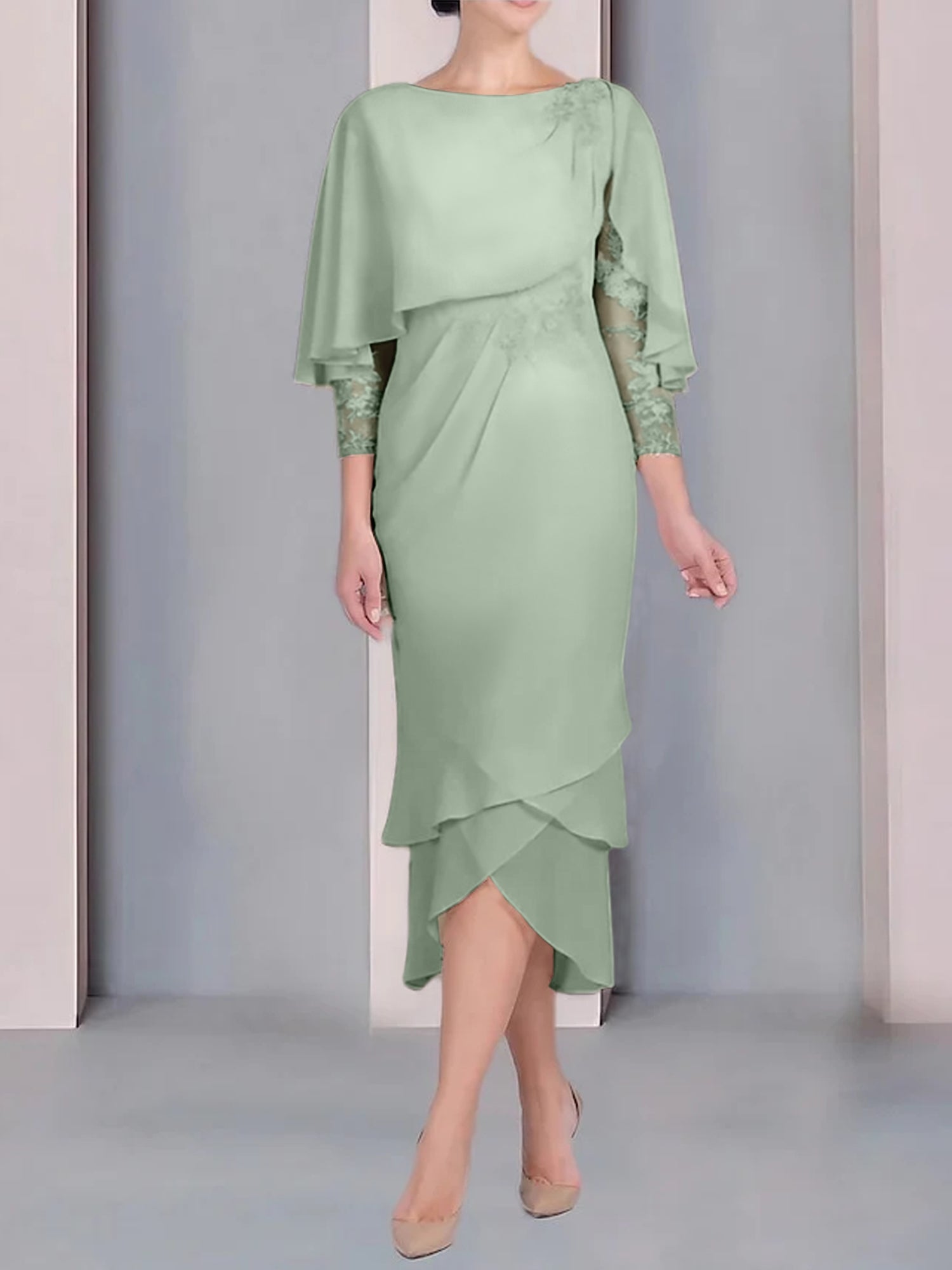 Tea-Length Mother of the Bride Dress with Scoop Neck Short Sleeves and Appliqued Lace