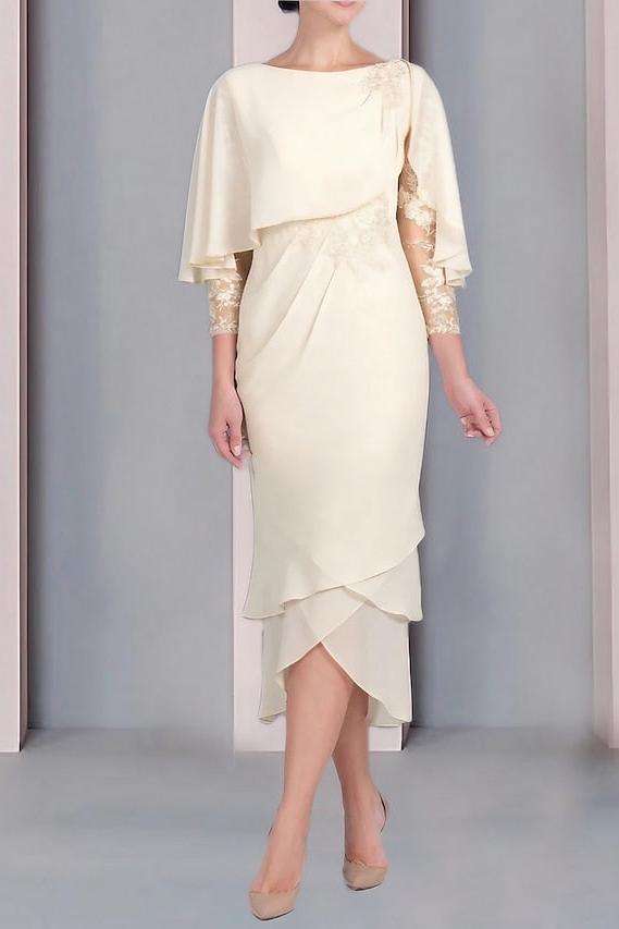 Tea-Length Mother of the Bride Dress with Scoop Neck Short Sleeves and Appliqued Lace