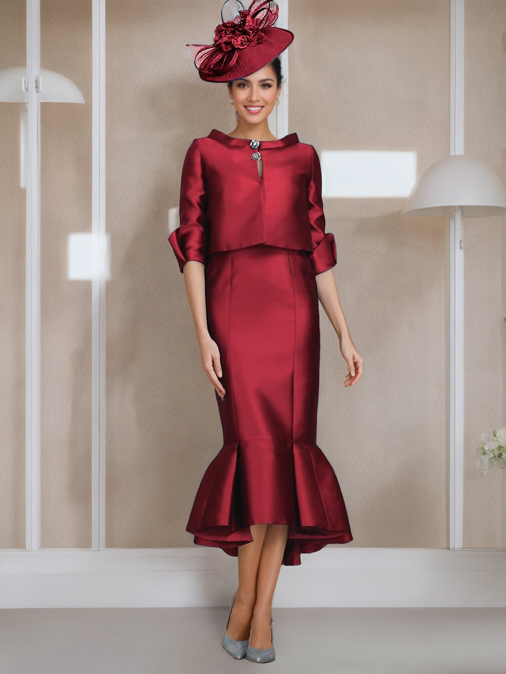 Tea-Length Mother of the Bride Dresses with Buttons Jewel Neck and Half Sleeves in Mermaid/Trumpet Style