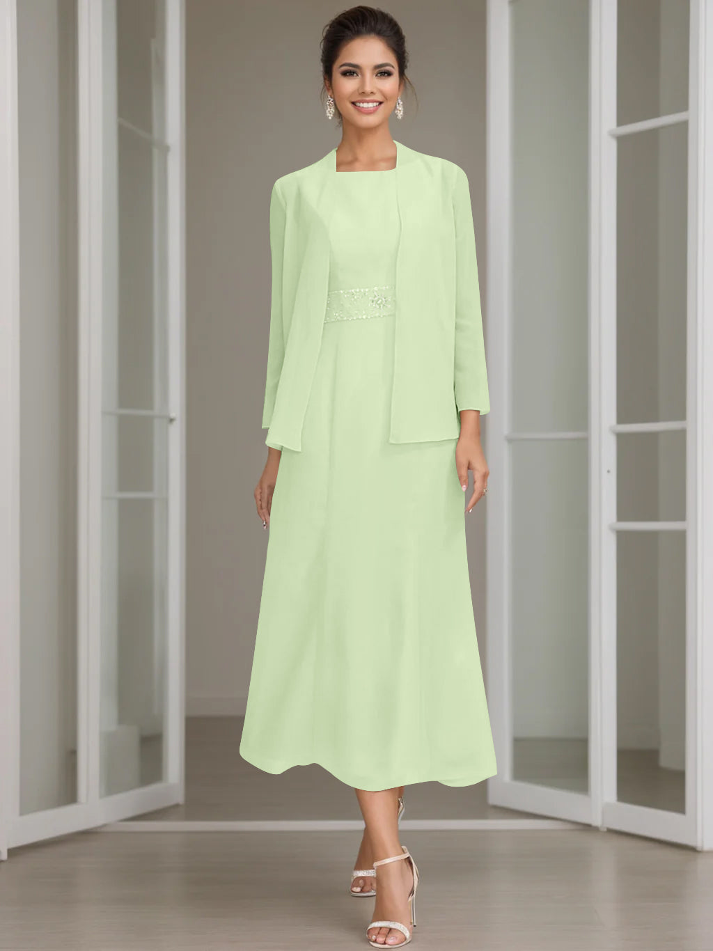 Tea-Length Mother of the Bride Sheath Dress with Beaded Jacket