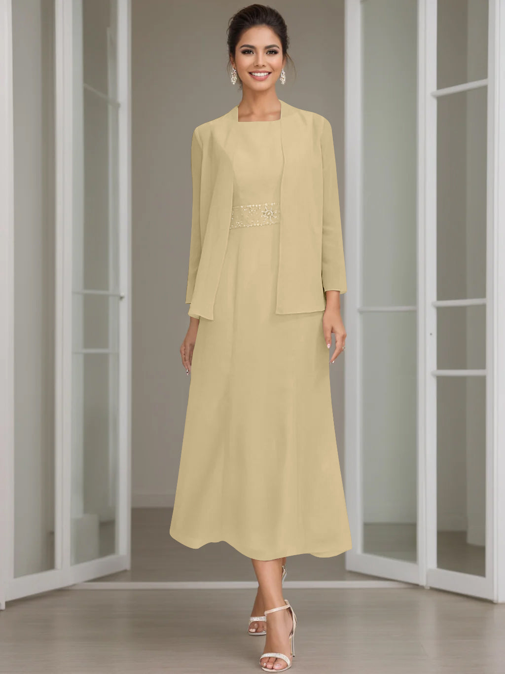 Tea-Length Mother of the Bride Sheath Dress with Beaded Jacket