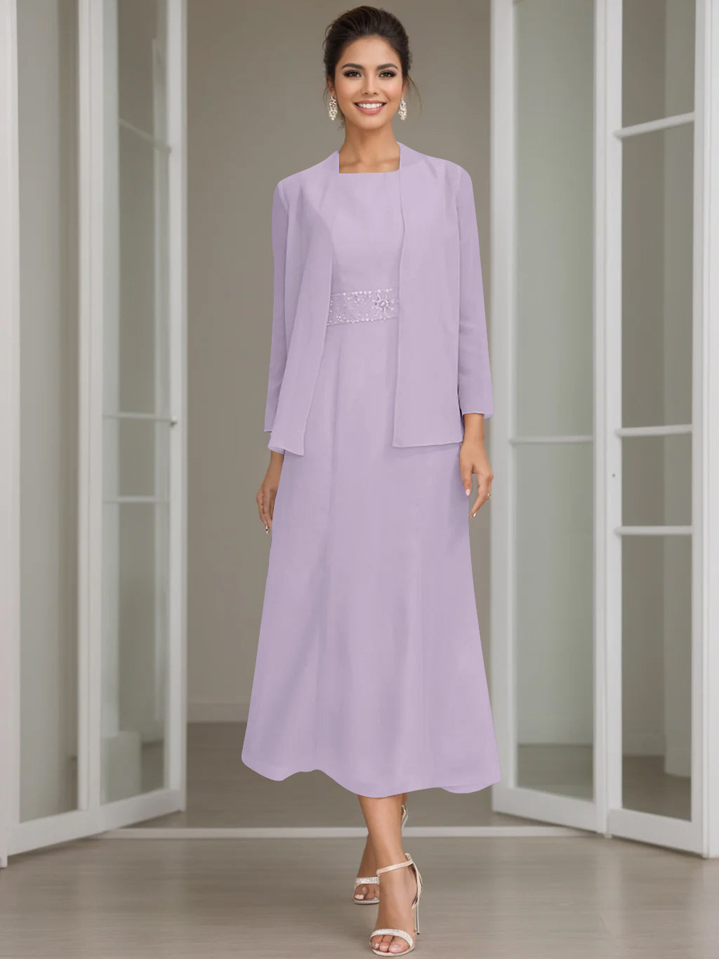Tea-Length Mother of the Bride Sheath Dress with Beaded Jacket